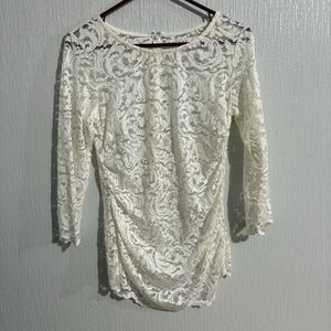 White Lace Top Sheer 3/4 Sleeve Zip Scallop Romantic Fairy Party boho Women's M